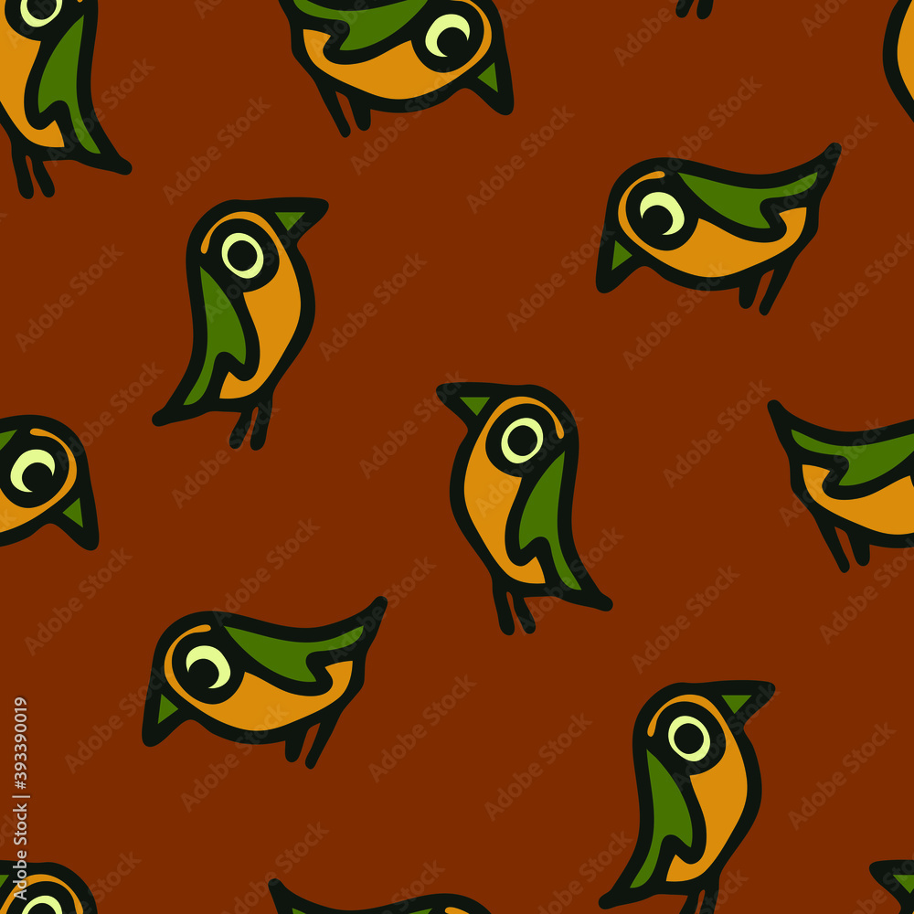 Fototapeta premium Seamless vector pattern with cartoon birds on brown background. Simple decorative wallpaper design with robins. Fun wildlife fashion textile.