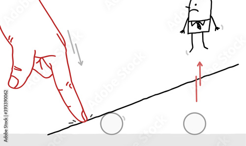 Big Human Finger Pushing on a teeter board, and Bumping off a Cartoon Man