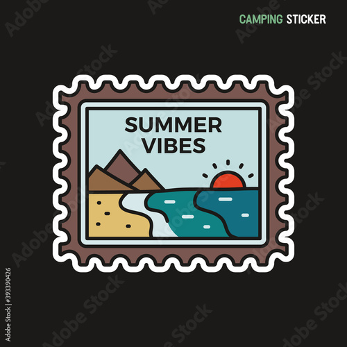 Camping adventure sticker design. Travel hand drawn patch. Summer vibes label isolated. Beach Stock vector