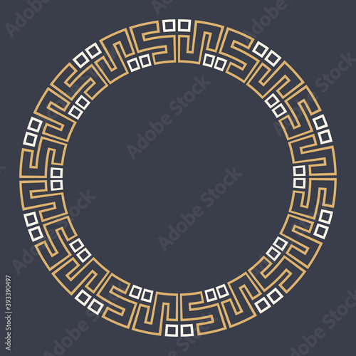 Abstract round meander, circular geometric ornament, stylish frame. Decorative pattern isolated on dark background. Place for text. Vector color illustration for invitations, greeting cards.