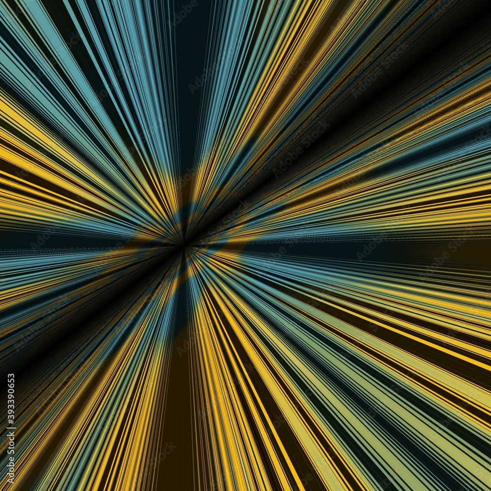 yellow and bright blue linear horizontal stripes on a jet black background transformed to abstract patterns and intricate designs with diminishing perspective 