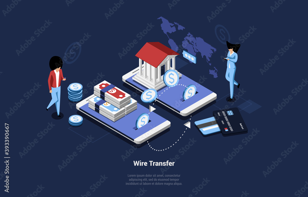 Wireless Transfer Vector Illustration In Cartoon 3D Style With Writing. Isometric Composition On Mobile Internet Banking And Currency Exchange Concept. Two Smartphones Sharing Information, People Near Wireless Transfer Vector Illustration In Cartoon 3D Style With Writing. Isometric Composition On Mobile Internet Banking And Currency Exchange Concept. Two Smartphones Sharing Information, People Near