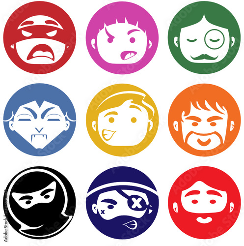 Men, boys, superhero avatar bundle set. Businessmen face icons, character pic to represent online user in social net. Vector flat style.