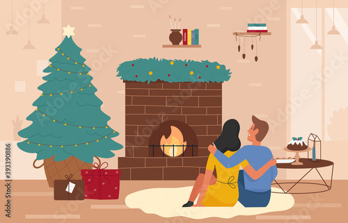 Christmas, Happy New Year holidays near festive decorated home fireplace vector illustration. Cartoon couple people celebrate winter holiday season, sit fireside, romantic xmas celebration background