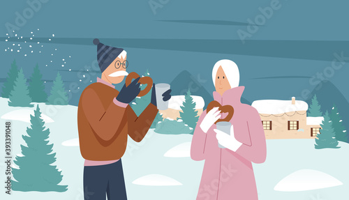 Elderly couple people enjoy Christmas winter holiday season vector illustration. Cartoon snow xmas winter landscape and senior man woman wearing warm clothes, drinking hot cocoa or coffee background