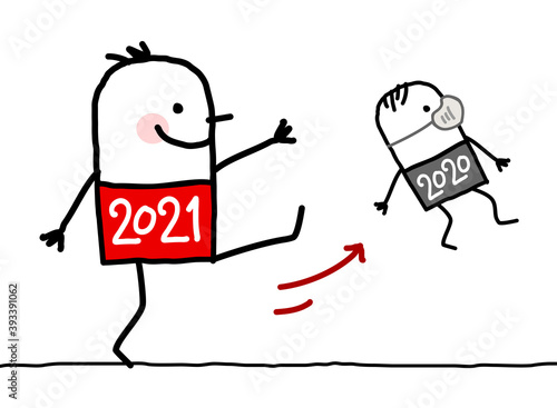Cartoon Big 2021 Man Kicking Out a Small 2020 with Mask