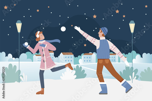 Couple people play snowballs at night on Christmas eve vector illustration. Cartoon happy man woman characters playing snowballs winter games, running in Christmas snow urban landscape background