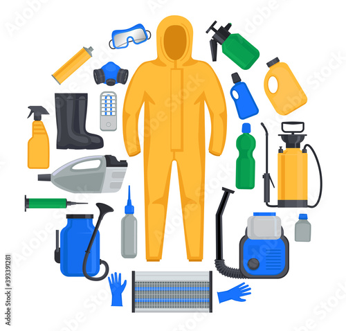 Disinfection kit. Elements for cleaning and decontamination. Protective suit, glasses, gloves, boots, household chemicals, spray, cold steam generator.
