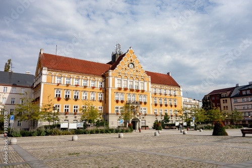 The city hall building in the center of Cesky Tesin city at CSA town square
