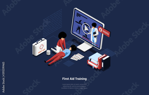 Online Course Of First Aid Training Vector Illustration In Cartoon 3D Style. Isometric Composition, Life Save And Healthcare Concept. People Learning Information And Practicing From Video On Computer