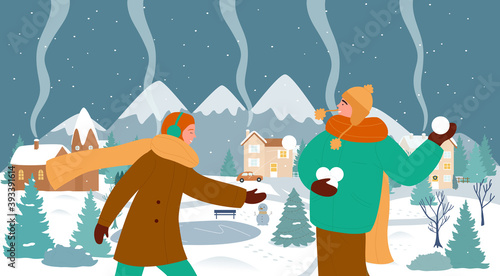 Happy couple people enjoy winter sport activity vector illustration. Cartoon funny active man woman have fun together, young characters play snowballs fight game in Christmas snow landscape background