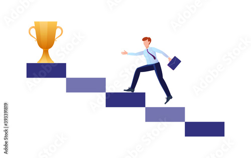 Business man runs towards her goal along the column of columns, moving upward in motivation, the path to achieving the goal and rewards.