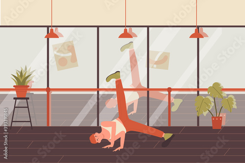 Dancing young man vector illustration. Cartoon male teen dancer character moving in hip hop action, sport freestyle master class on street dance to music in fitness dance club gym interior background