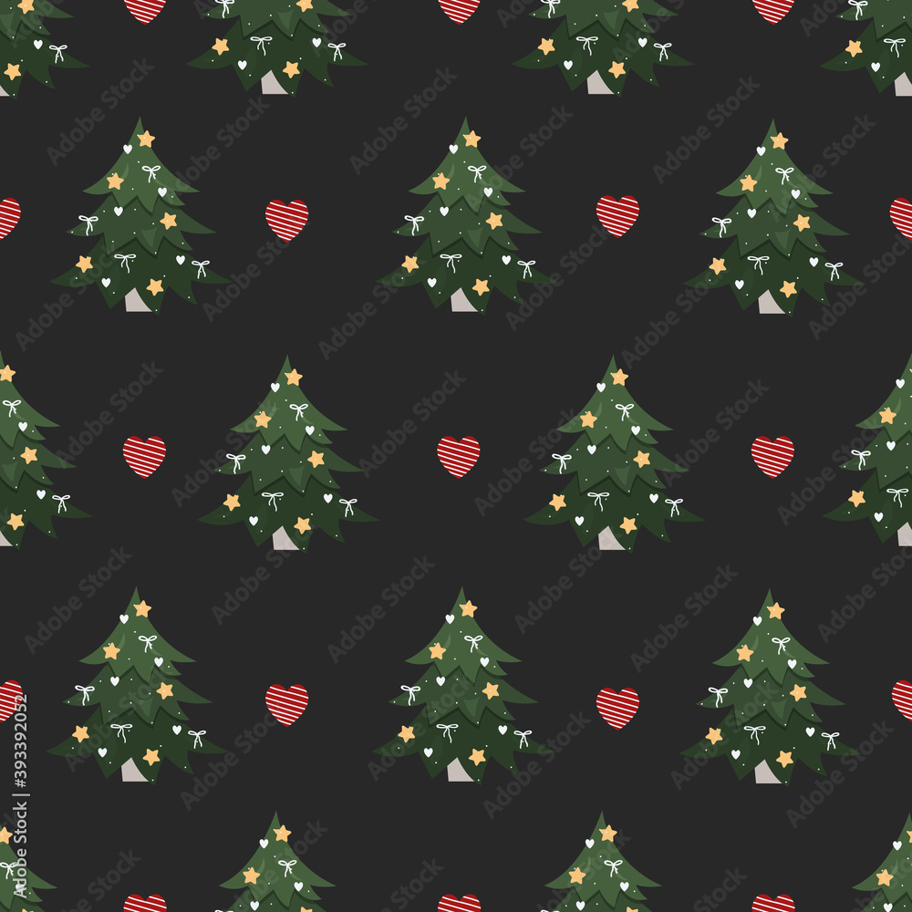 Christmas pattern with a christmas tree on a dark background. New year seamless ornament. Trendy design for print and gift wrapping. vector stock illustration.