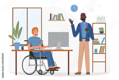 Disabled character working in business office vector illustration. Cartoon handicapped worker sitting in wheelchair behind computer and talking with man colleague in workplace room interior background