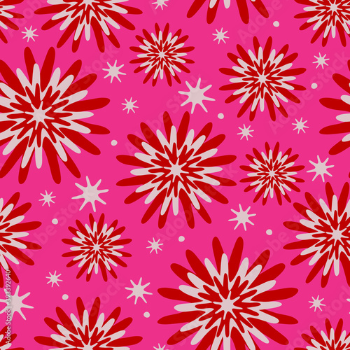 Seamless vector pattern with abstract flowers on pink background. Glowing floral wallpaper design with stars. Celebration fashion textile.