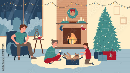 Family people at home in Christmas winter holiday vector illustration. Cartoon happy father mother and boy child play with cat in Christmas fireplace room interior with Xmas New Year gifts background