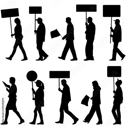 Black silhouettes of woman and man with flag and banner on white background
