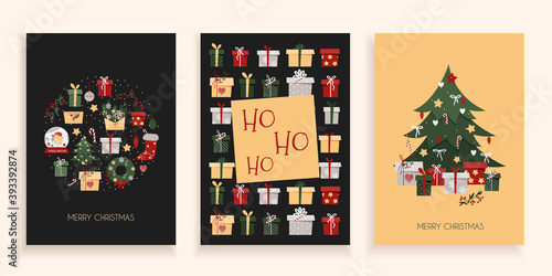 Set of Christmas cards on a dark background. New Year postcards in trendy flat style. Christmas tree  gift boxes  holiday elements. Greeting flyer template. Vector stock illustration