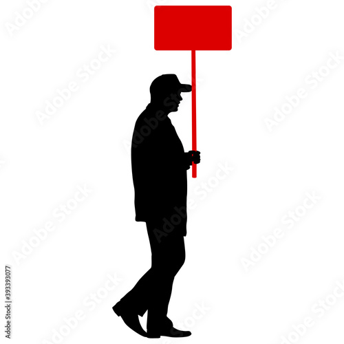 Black silhouettes of man with banner on white background