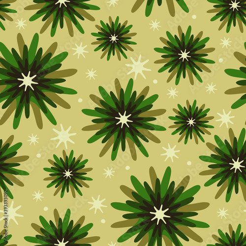 Seamless vector pattern with abstract flower blooms on beige background. Decorative floral wallpaper design with starburst. Artistic green fashion textile.