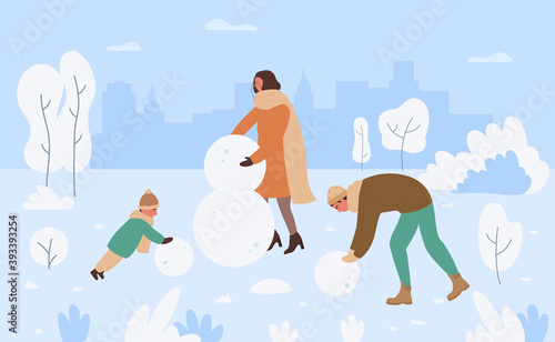 Family people making snowman in winter snow park landscape vector illustration. Cartoon mother, father and son boy child play Christmas fun game leisure activity, make snowman together background