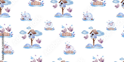 watercolor set of patterns cute sheep in nature