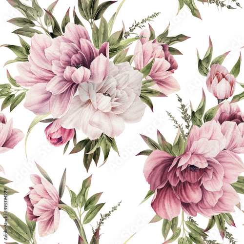 Seamless floral pattern with peony flowers on summer background, watercolor i...