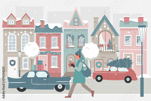 Woman walking with Christmas gifts on snow street vector illustration. Cartoon snowy festive cityscape with female character holding gift box present after shopping on winter holiday sales background © Flash concept