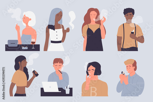 People smoke vector illustration set. Cartoon young man woman smoker addict characters smoking cigarette tobacco or electronic vape at office workplace or bar, unhealthy habit addiction background