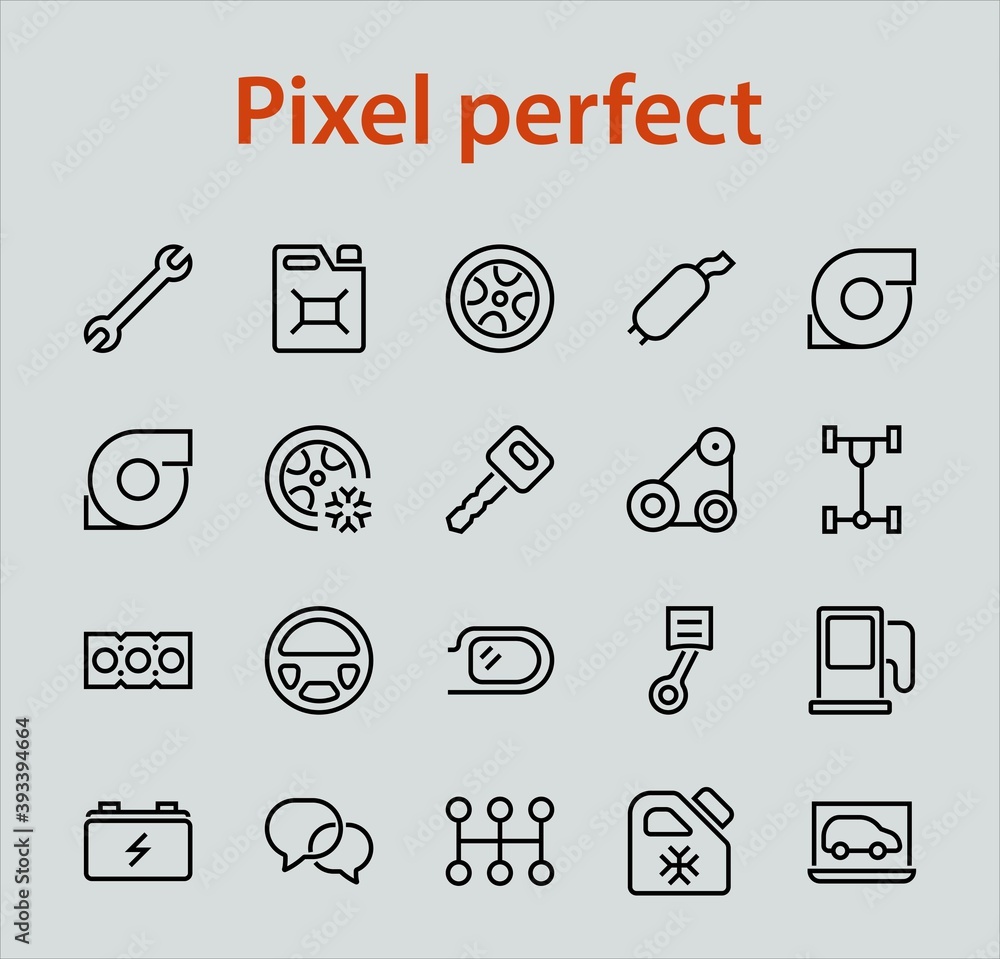 Fototapeta premium AUTO PARTS Set of Icons related vector line icons. Contains icons such as parts, oil, diagnostics, turbine, steering wheel, key, chassis, gearbox and much more. Editable stroke