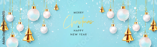 Christmas background, card, poster, holiday cover, web banner. Xmas nodern design in realistic style with hanging Christmas balls and golden conical Christmas trees on blue background with snowflakes