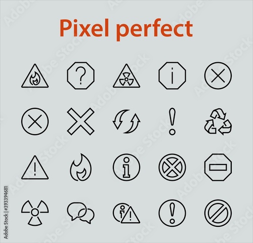 WARNINGS simple set of thin line vector icons. Contains icons such as warning, exclamation mark, reuse, warning sign and more. Editable stroke. Vector illustration