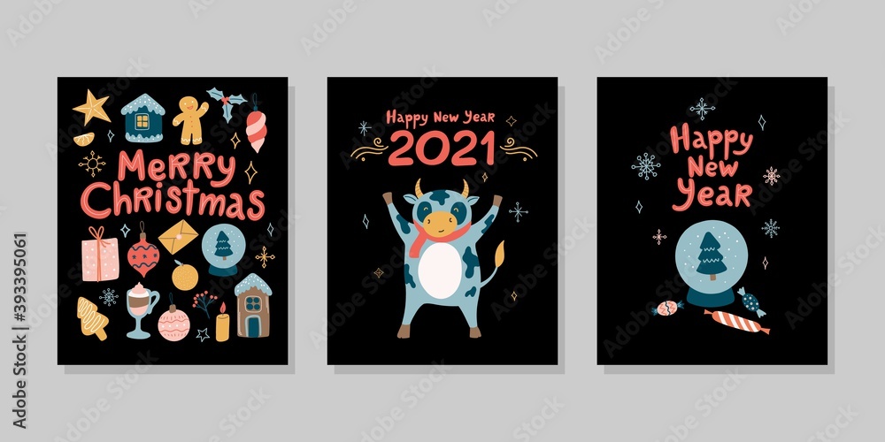 Christmas funny cartoon set of greeting cards. New Year 2021. Vector illustration with symbol of year, ox, bull, cow, snowball, snowflakes, Christmas toys, Christmas tree. Handwritten lettering 
