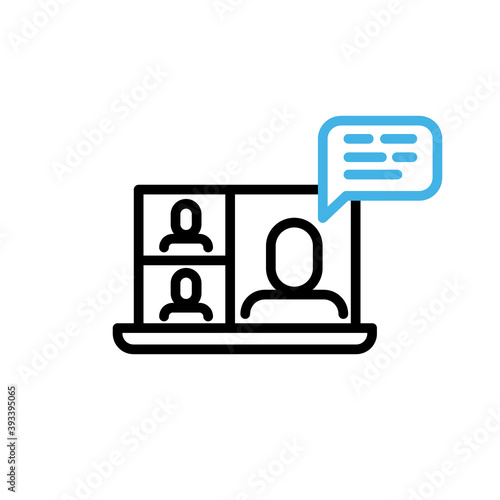 Video conference icon. People on computer screen. Home office symbol. Digital communication. Internet teaching media.