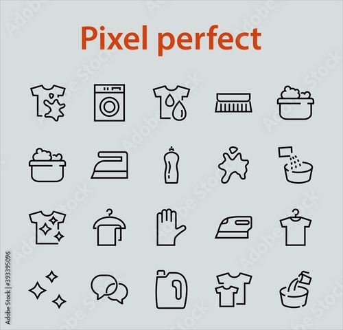Simple set of washing related vector line Icons. Contains icons such as washing machine, powder, laundry, dirty t-shirt and much more. On a white background, editable stroke. 48x48 pixels perfect