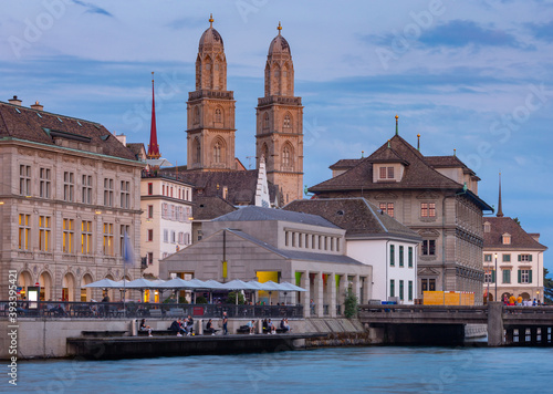 Zurich. Old city embankment and medieval houses at dawn.