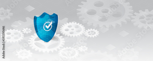 Data security system, information or network protection. Cyber security and data protection. Shield with cogwheels, future technology for verification. Abstract 3d futuristic background.