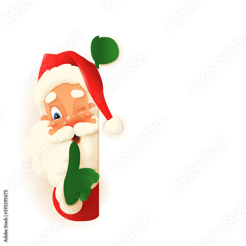 Cute Santa Claus peeking on left side of board, saying hush be quiet with finger on lips shhh gesture - vector illustration isolated on transparent background