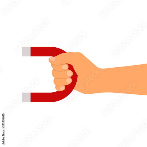Hand with red magnet isolated on white. Vector illustration. Flat style