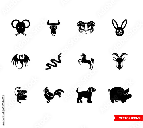 Chinese zodiac icon set of black and white types. Isolated vector sign symbols. Icon pack.
