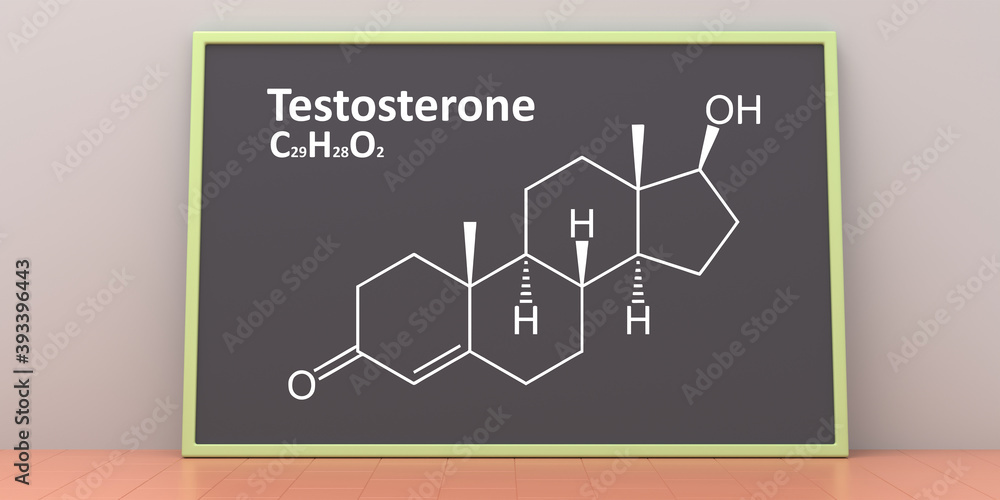 Testosterone structural chemical formula, drawing on board. 3d illustration