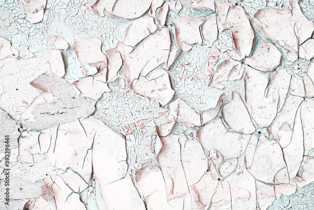 Fototapeta premium Old grungy cracked white and blue grey weathered wall paint peeling off rusted metal sheet. Textured background for posters and bloggers