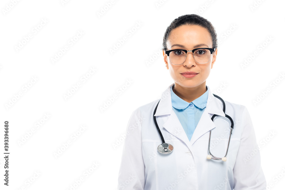 African american doctor in eyeglasses and white coat looking at camera isolated on white African american doctor in eyeglasses and white coat looking at camera isolated on white