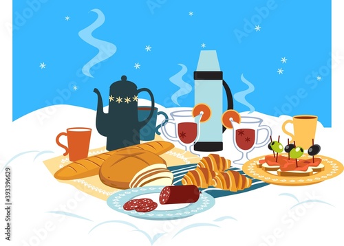 Winter picnic served on the snow with hot beverages and snacks, EPS 8 vector illustration, no transparencies 