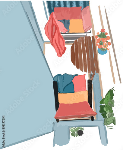 Colourful interior sketch of balcony with armchair table pillows plants. View from above. Vector illustration