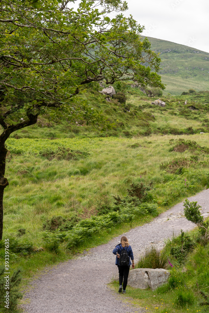 A path leads through the park and forest. Girl with backpack hiking towards peak A path leads through the park and forest. Girl with backpack hiking towards peak