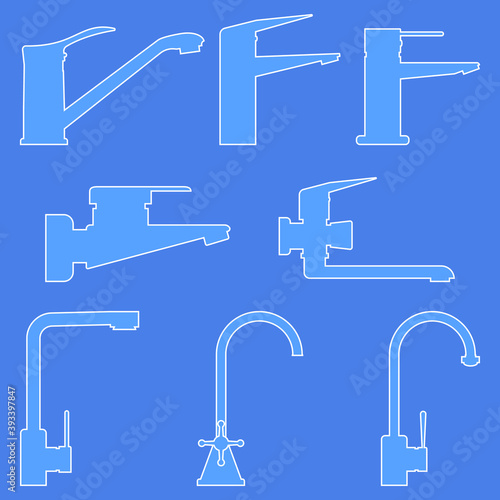 A set of water taps for the kitchen and bathroom. Line drawing. Isolated outline vector illustrations, icons, logos  on a blue background.