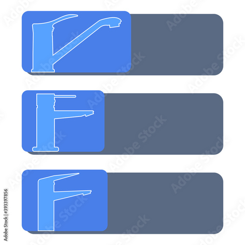 Set of vector icons, logos of water faucets for the kitchen and bathroom. Design element for signboard, nameplate and other use with space for text or inscription. Outline illustrations.