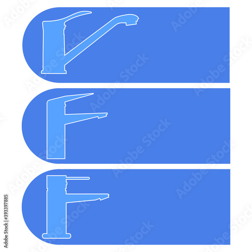 Set of vector icons, logos of water faucets for the kitchen and bathroom. Design for signboard, nameplate and other use with space for text or inscription. Line drawing. Isolated outline vector icons.
